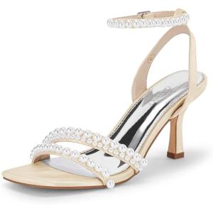 imageCoutgo Womens Pearl Kitten Heels Sandals Square Open Toe Dress Sandals Ankle Strap Satin Wedding Party Summer SandalsChampagne