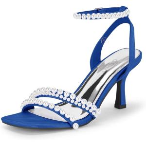 imageCoutgo Womens Pearl Kitten Heels Sandals Square Open Toe Dress Sandals Ankle Strap Satin Wedding Party Summer SandalsRoyal Blue