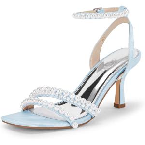 imageCoutgo Womens Pearl Kitten Heels Sandals Square Open Toe Dress Sandals Ankle Strap Satin Wedding Party Summer SandalsSky Blue