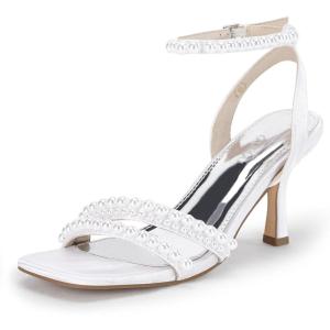 imageCoutgo Womens Pearl Kitten Heels Sandals Square Open Toe Dress Sandals Ankle Strap Satin Wedding Party Summer SandalsWhite