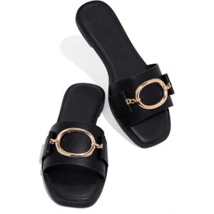 imageCoutgo Womens Square Toe Dressy Summer Slide Sandals Flat Low Heel Big Metal Chain Slip On Party Slippers ShoesBlack