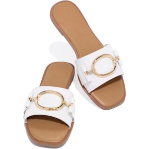 imageCoutgo Womens Square Toe Dressy Summer Slide Sandals Flat Low Heel Big Metal Chain Slip On Party Slippers ShoesWhite