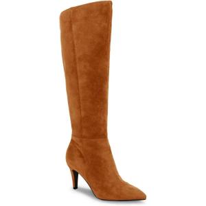 imageCoutgo Womens Wide Calf Knee High Boots Stiletto High Heel Pointed Toe Side Zipper Suede Long Boots Winter ShoesBrown