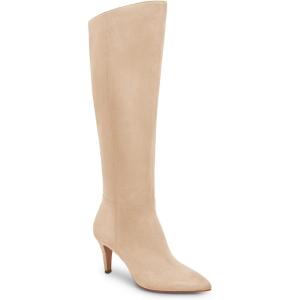 imageCoutgo Womens Wide Calf Knee High Boots Stiletto High Heel Pointed Toe Side Zipper Suede Long Boots Winter ShoesKhaki