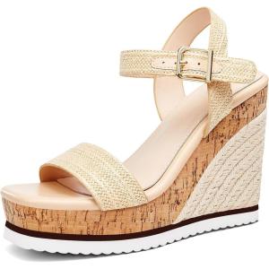 imageWomens Espadrille Wedge Platform Sandals Open Toe Ankle Buckle Strap Casual Summer ShoesLight Khaki