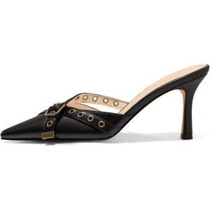 imageCoutgo Womens High Heels Mules Studded Slip On Mule Sandals Backless Buckle Dress Shoes Closed Pointed Toe PumpsBlack