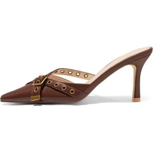 imageCoutgo Womens High Heels Mules Studded Slip On Mule Sandals Backless Buckle Dress Shoes Closed Pointed Toe PumpsBrown