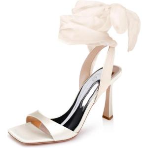 imageCoutgo Womens Strappy Kitten Heels Sandals Lace Up Square Open Toe High Heels Satin Summer Dress ShoesBeige