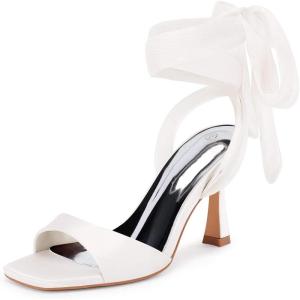 imageCoutgo Womens Strappy Kitten Heels Sandals Lace Up Square Open Toe High Heels Satin Summer Dress ShoesWhite
