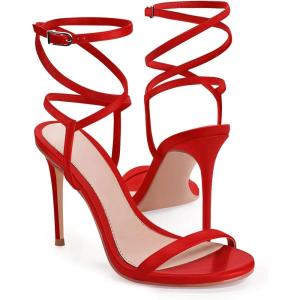 imageCoutgo Womens Strappy Lace up Heels Sandals Sexy High Heeled Ankle Strap Summer Dress ShoesRed