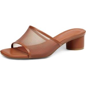 imageCoutgo Womens Slide Sandals Mesh Chunky Heels Mules Square Open Toe Slip On Summer Dress ShoesBrown