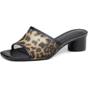 imageCoutgo Womens Slide Sandals Mesh Chunky Heels Mules Square Open Toe Slip On Summer Dress ShoesLeopard