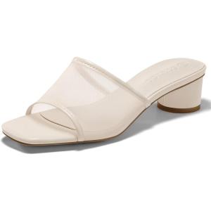 imageCoutgo Womens Slide Sandals Mesh Chunky Heels Mules Square Open Toe Slip On Summer Dress ShoesNude