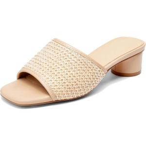 imageCoutgo Womens Slide Sandals Mesh Chunky Heels Mules Square Open Toe Slip On Summer Dress ShoesRaffia Apricot