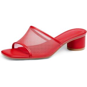 imageCoutgo Womens Slide Sandals Mesh Chunky Heels Mules Square Open Toe Slip On Summer Dress ShoesRed