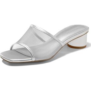 imageCoutgo Womens Slide Sandals Mesh Chunky Heels Mules Square Open Toe Slip On Summer Dress ShoesSliver