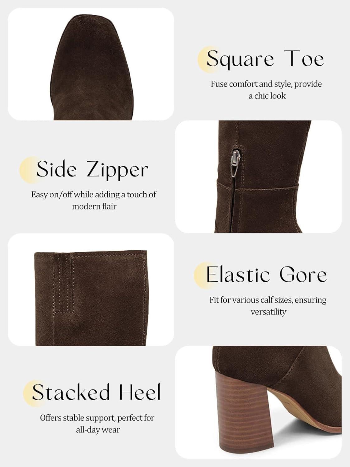 imageCoutgo Womens Knee High Boots Square Toe Chunky Block Heel Side Zipper Faux Suede Long Boots Fall Winter ShoesCoffee
