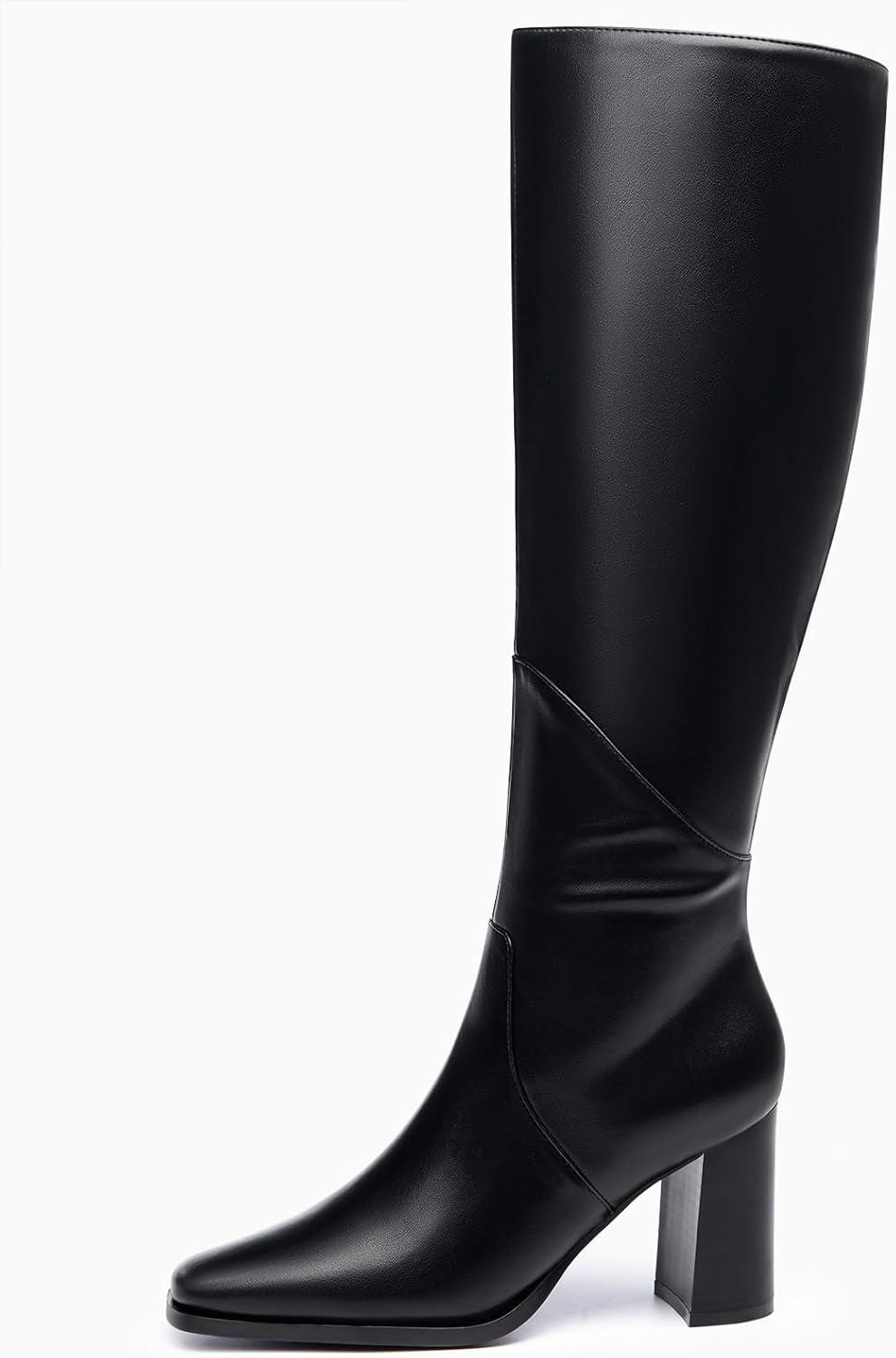 imageCoutgo Womens Knee High Boots Square Toe Chunky Block Heel Side Zipper Faux Suede Long Boots Fall Winter ShoesCool Black