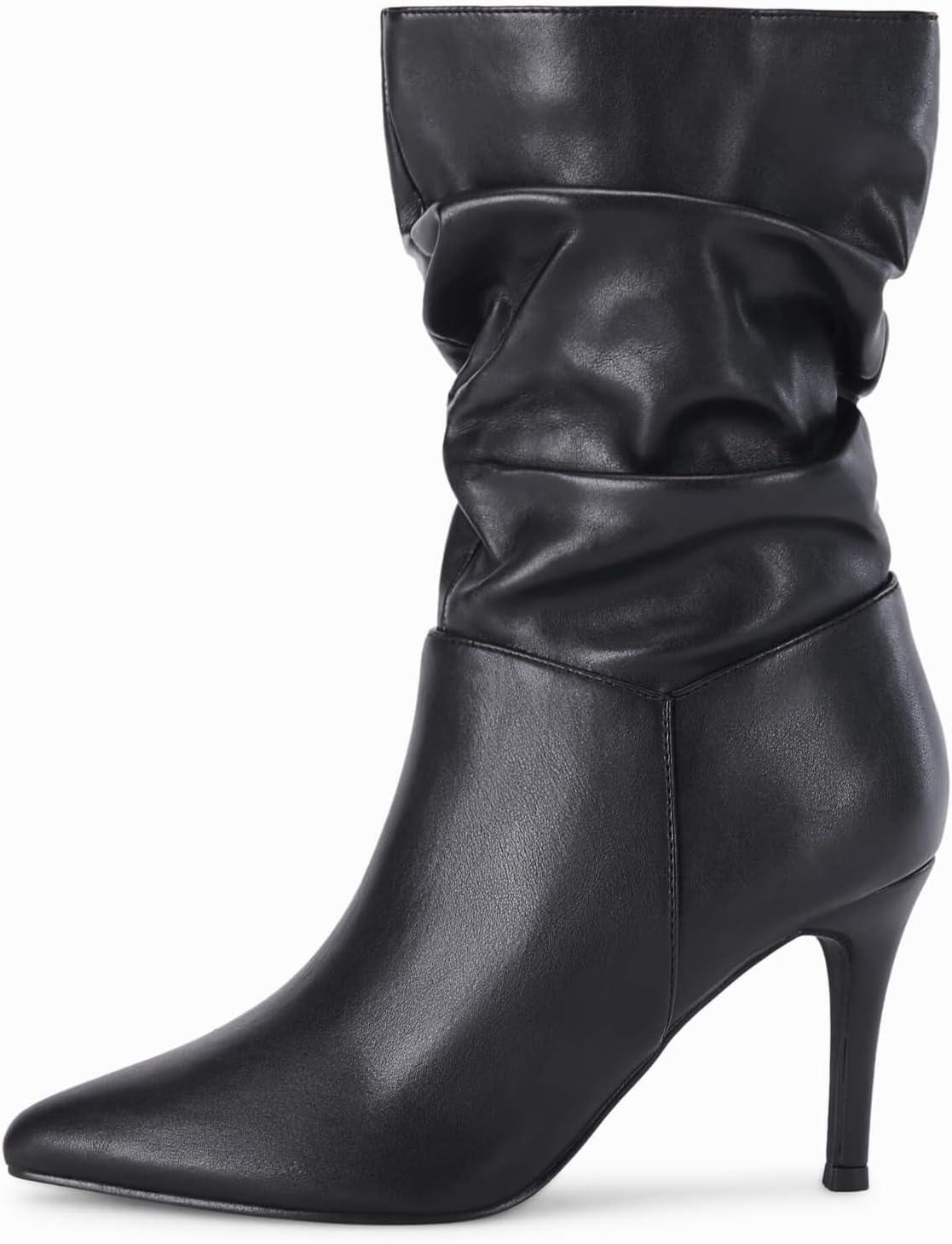 imageCoutgo Womens Mid Calf Slouchy Boots Suede High Heel Slipon Stiletto Sexy Pointed Toe Booties