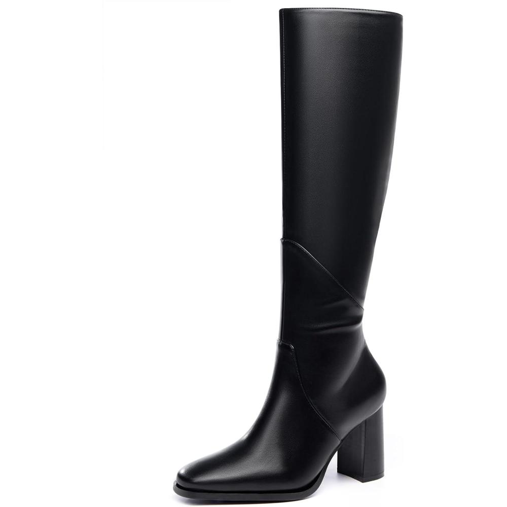 imageCoutgo Womens Knee High Boots Square Toe Chunky Block Heel Side Zipper Faux Suede Long Boots Fall Winter ShoesCool Black
