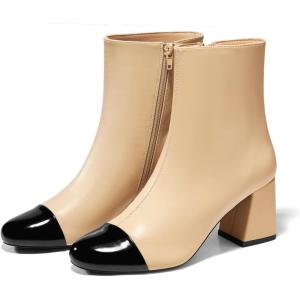 imageCoutgo Womens Ankle Boots Chunky Block Heel Two Tone Round Toe Side Zipper Dress Fall Booties ShoesKhaki