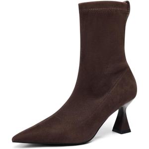 imageCoutgo Womens Ankle Boots Pointed Toe Low Kitten Heel Side Zipper Office Dress Fall Booties ShoesChocolate Suede
