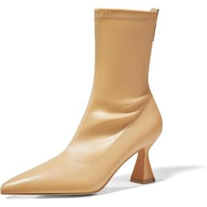 imageCoutgo Womens Ankle Boots Pointed Toe Low Kitten Heel Side Zipper Office Dress Fall Booties ShoesKhaki