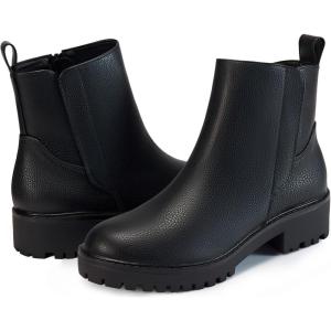 imageCoutgo Womens Low Heel Chelsea Ankle Boots Platform Lug Sole Booties Pull On Fall Short Boot ShoesPu Black
