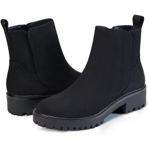 imageCoutgo Womens Low Heel Chelsea Ankle Boots Platform Lug Sole Booties Pull On Fall Short Boot ShoesSuede Black