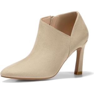 imageCoutgo Womens Pointed Toe V Cut Ankle Boots Kitten Heel Side Zip Office BootiesBeige