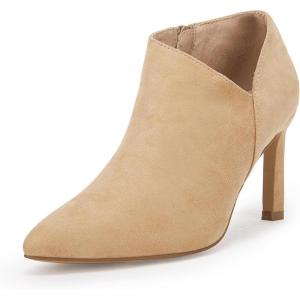 imageCoutgo Womens Pointed Toe V Cut Ankle Boots Kitten Heel Side Zip Office BootiesLight Khaki