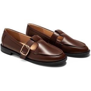 imageCoutgo Womens Slip On Loafers TStrap Closed Round Toe Flats Comfortable Work Business Dress ShoesDark Brown