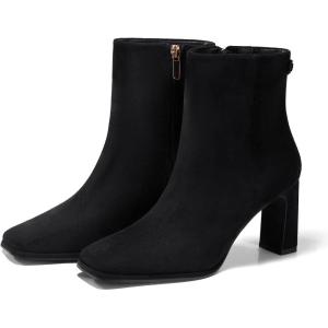 imageCoutgo Womens Square Toe Ankle Boots Chunky Block Heel Side Zipper Booties Faux Suede Winter ShoesBlack