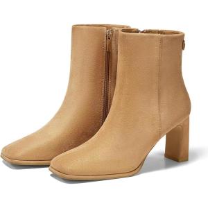 imageCoutgo Womens Square Toe Ankle Boots Chunky Block Heel Side Zipper Booties Faux Suede Winter ShoesLight Brown