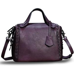 imageGenuine Leather Satchel Handbag for Women Retro Handmade Top Handle Crossbody Shoulder Bag PursesPurple