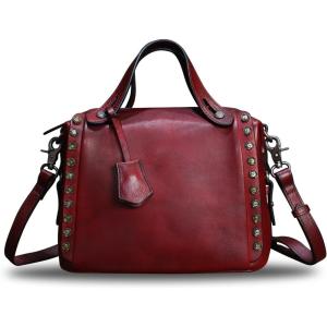 imageGenuine Leather Satchel Handbag for Women Retro Handmade Top Handle Crossbody Shoulder Bag PursesRed