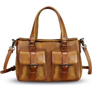 imageGenuine Leather Satchel Purse for Women Retro Cowhide Handmade Top Handle Shoulder Handbag Designer Crossbody Bag PurseBrown