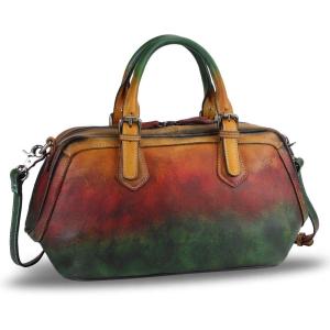imageGenuine Leather Satchel Top Handle Handbag Purse for Women Handmade Retro Designer Large Capacity Crossbody BagsMulticolor1