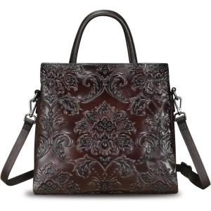 imageGenuine Leather Satchel for Women Top Handle Handbag Handmade Embossed Vintage Satchel Crossbody Handbags Purse BagCoffee