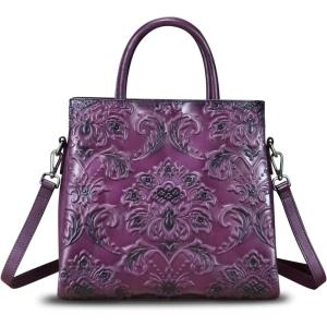 imageGenuine Leather Satchel for Women Top Handle Handbag Handmade Embossed Vintage Satchel Crossbody Handbags Purse BagPurple