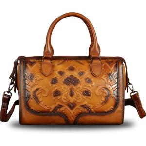 imageGenuine Leather Top Handle Handbag for Women Handmade Vintage Satchel Retro Cowhide Crossbody Handbags Purse Hobo BagsBrown