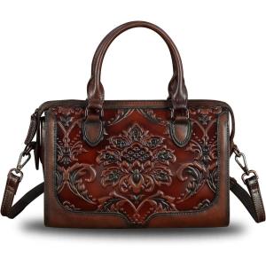 imageGenuine Leather Top Handle Handbag for Women Handmade Vintage Satchel Retro Cowhide Crossbody Handbags Purse Hobo BagsCoffee
