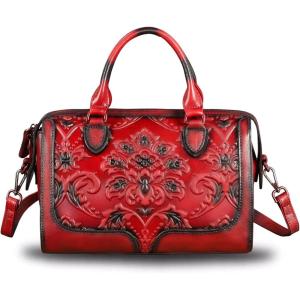 imageGenuine Leather Top Handle Handbag for Women Handmade Vintage Satchel Retro Cowhide Crossbody Handbags Purse Hobo BagsRed