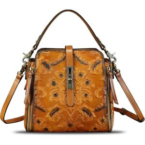 imageLRTO Genuine Leather Purses and Handbags for Women Retro Embossed Crossbody Shoulder Bag Satchel PouchBrown
