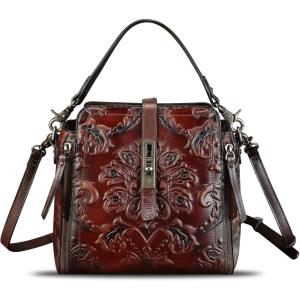 imageLRTO Genuine Leather Purses and Handbags for Women Retro Embossed Crossbody Shoulder Bag Satchel PouchCoffee