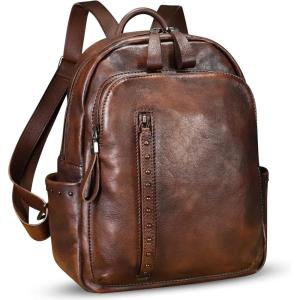 imageGenuine Leather Backpack Purse for Women Vintage Casual Daypack College Bag Handmade Cowhide Western Rivets Rucksack CoffeeCoffee