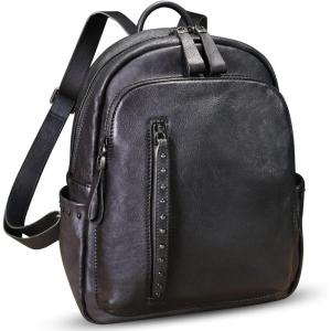imageGenuine Leather Backpack Purse for Women Vintage Casual Daypack College Bag Handmade Cowhide Western Rivets Rucksack CoffeeDarkgrey