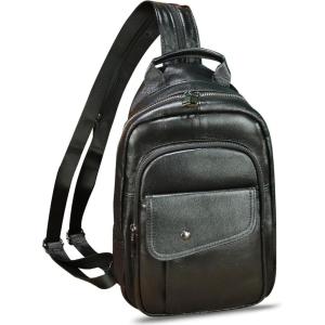 imageGenuine Leather Sling Bag for Men and Women Handmade Large Sling Backpack Chest Over Shoulder Crossbody Purse Fits IpadBlack