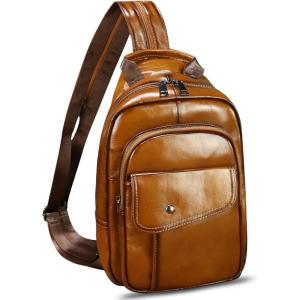 imageGenuine Leather Sling Bag for Men and Women Handmade Large Sling Backpack Chest Over Shoulder Crossbody Purse Fits IpadBrown