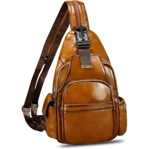 imageGenuine Leather Sling Bag for Men and Women Handmade Sling Backpack Purse Chest Over Shoulder Crossbody Bag Large Capacity BrownBrown